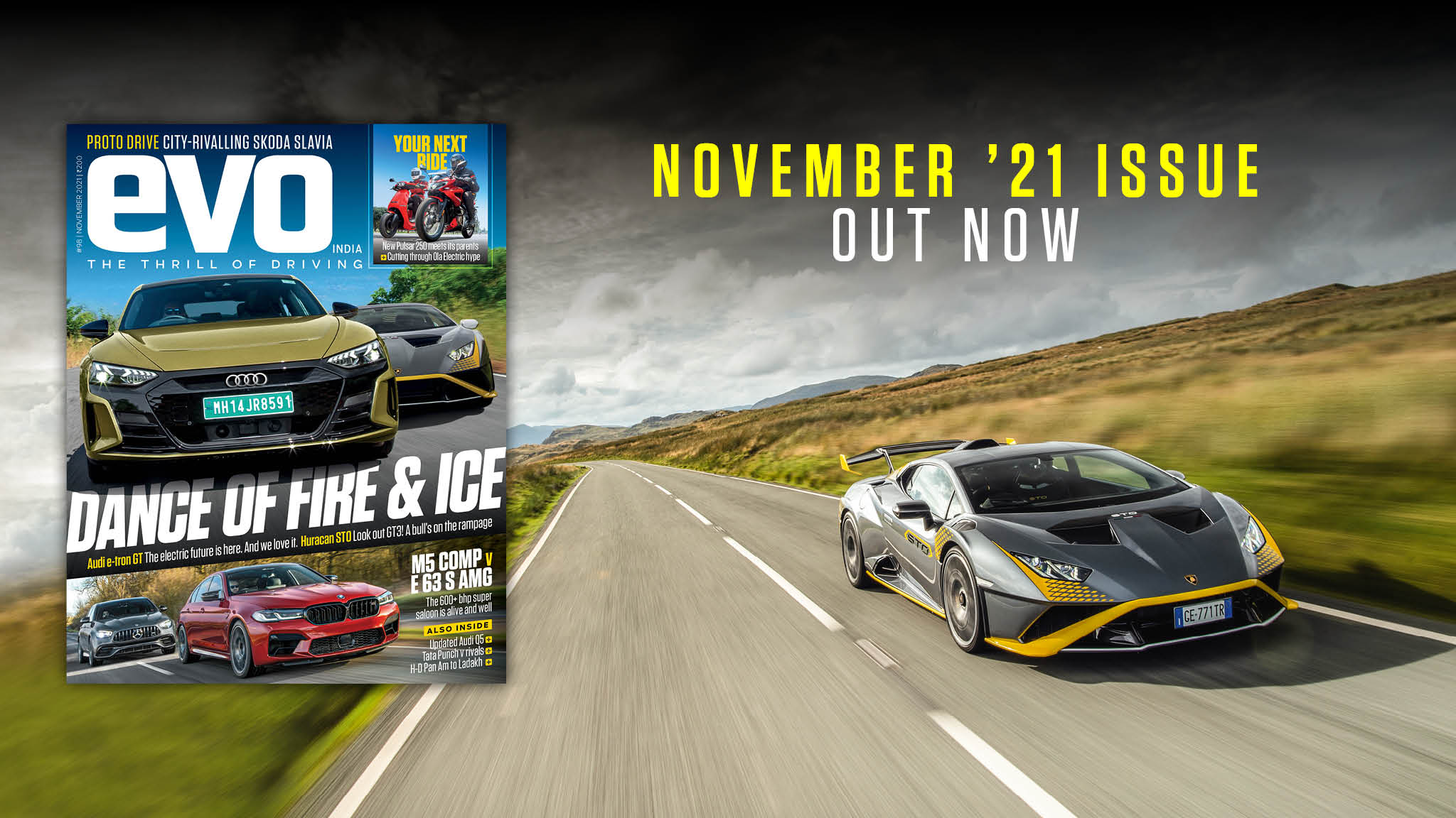 The future is here and it is headlined by the full electric Audi e-tron GT on the cover of the November issue of evo India, while the fire-breathing Huracan STO, BMW M5 Comp and E 63 S AMG hold their own The future is here and it is headlined by the full electric Audi e-tron GT on the cover of the November issue of evo India, while the fire-breathing Huracan STO, BMW M5 Comp and E 63 S AMG hold their own