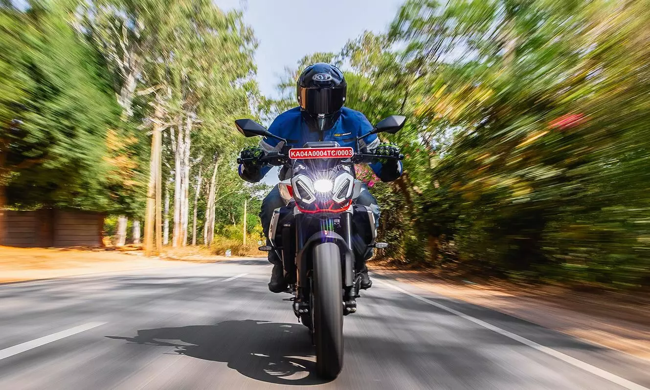 The Tuono 457 features a traction control system with three levels and it can be switched off too. -Shot by Rohit G Mane for Evo India The Tuono 457 features a traction control system with three levels and it can be switched off too. -Shot by Rohit G Mane for Evo India