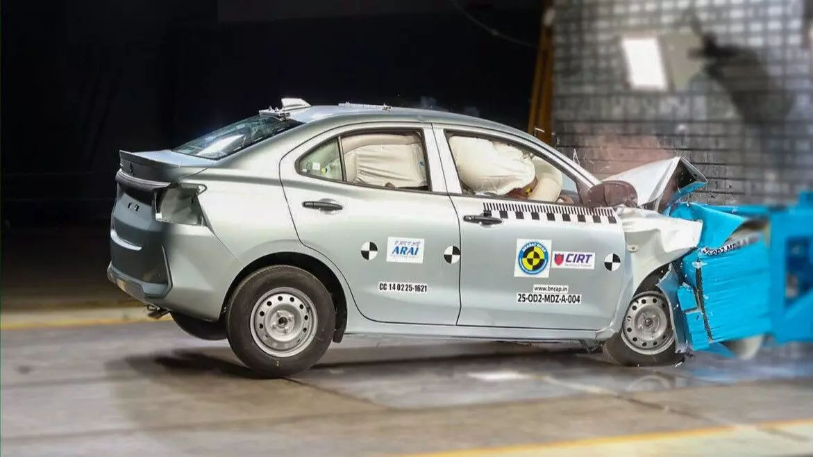 Maruti Suzuki Dzire with six airbags frontal impact BNCAP test. Maruti Suzuki Dzire with six airbags frontal impact BNCAP test.