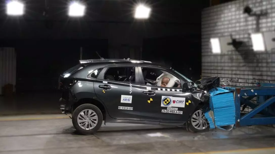 Maruti Suzuki Baleno variant with two airbags frontal impact BNCAP test. Maruti Suzuki Baleno variant with two airbags frontal impact BNCAP test.