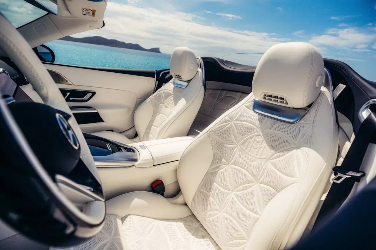 On the inside of the Mercedes-Maybach SL 680 Monogram Series there’s crystal-white Nappa leather upholstery with bespoke floral stitching pattern On the inside of the Mercedes-Maybach SL 680 Monogram Series there’s crystal-white Nappa leather upholstery with bespoke floral stitching pattern