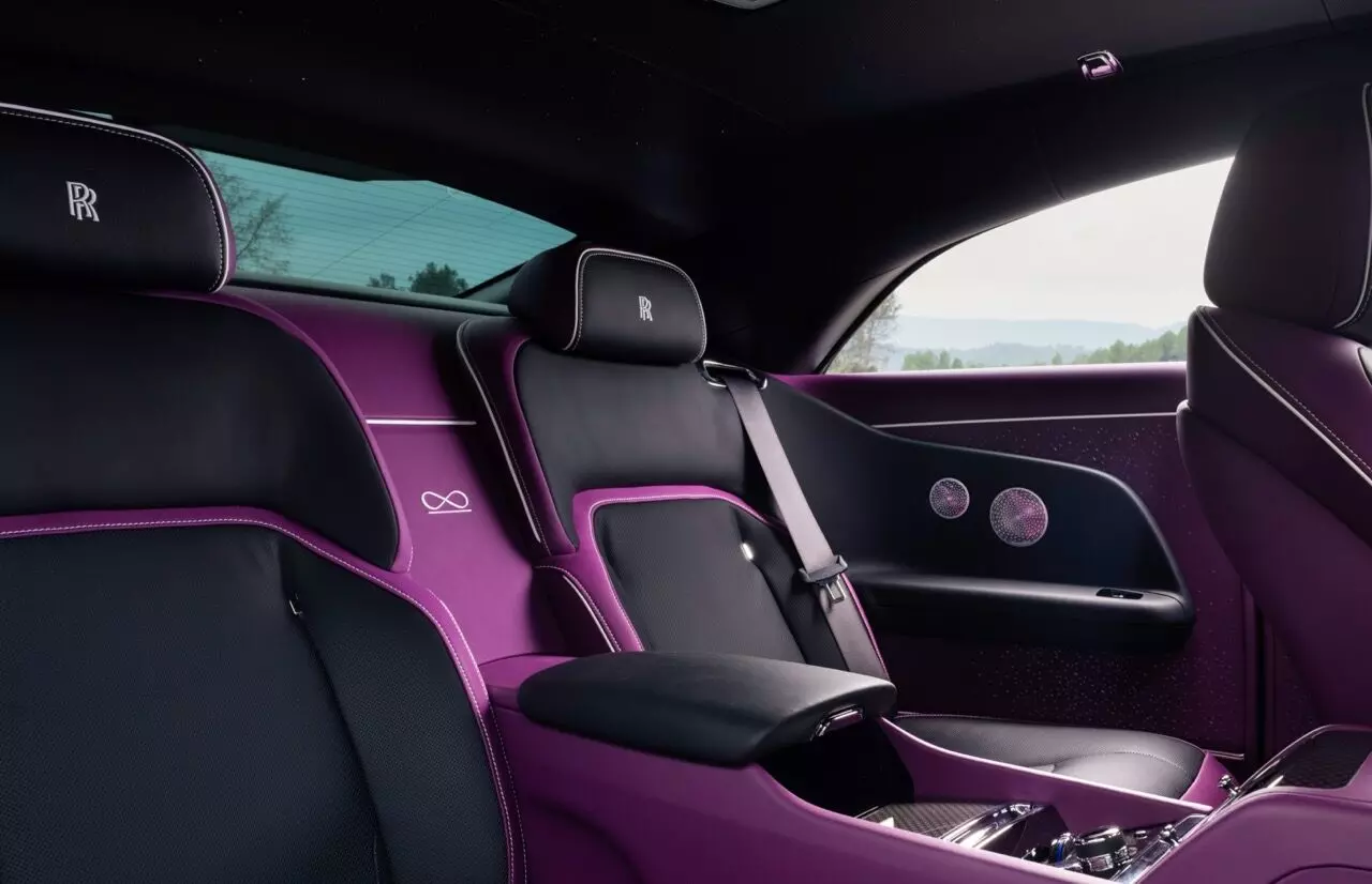 The interior of the Black Badge Spectre gets the Infinity symbol stitched into the leather ‘Waterfall’ section which separates the rear seats The interior of the Black Badge Spectre gets the Infinity symbol stitched into the leather ‘Waterfall’ section which separates the rear seats