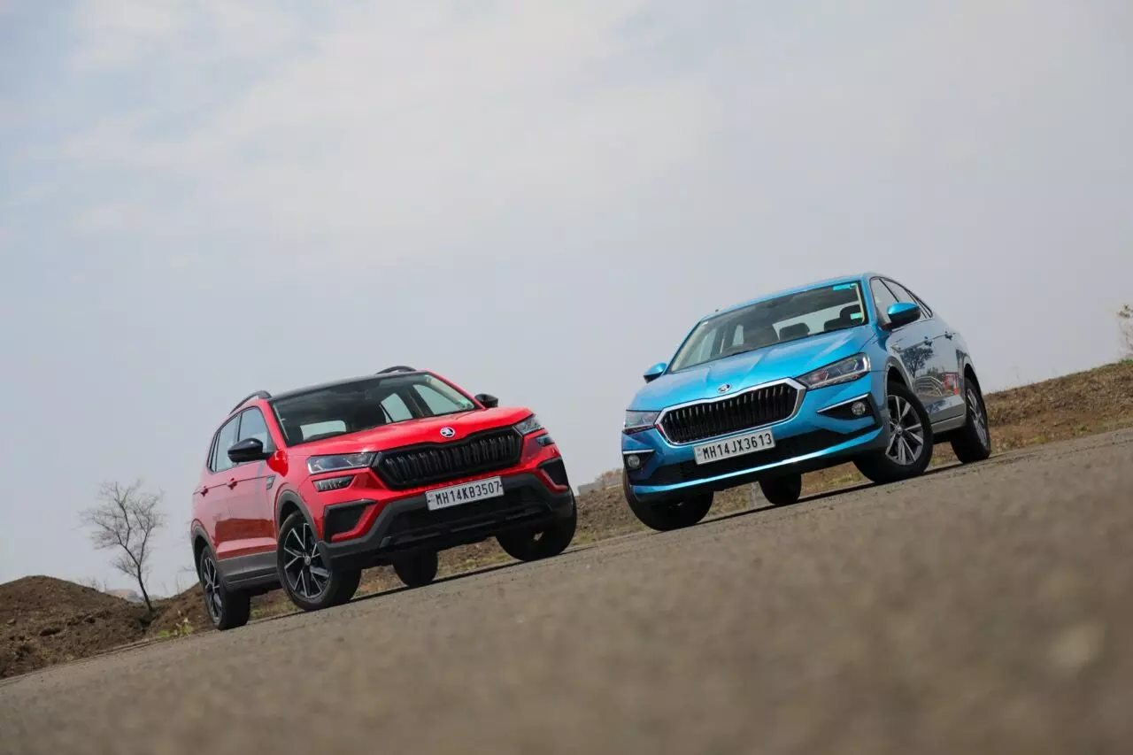 The Škoda Kushaq and the Slavia are offered with two engine options – a 1-litre TSI and a 1.5-litre TSI – shot by Team evo India
