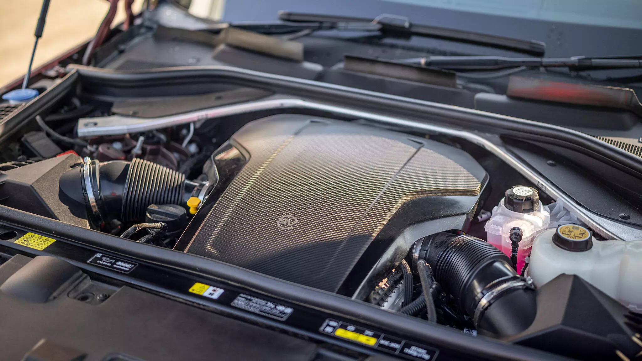 Opening the carbon bonnet reveals a 4.4-litre V8 engine with two turbos kitted with a carbon engine cover, ready to unleash 626bhp and 750Nm, is dialled up to 800Nm in Dynamic Launch mode. Opening the carbon bonnet reveals a 4.4-litre V8 engine with two turbos kitted with a carbon engine cover, ready to unleash 626bhp and 750Nm, is dialled up to 800Nm in Dynamic Launch mode.