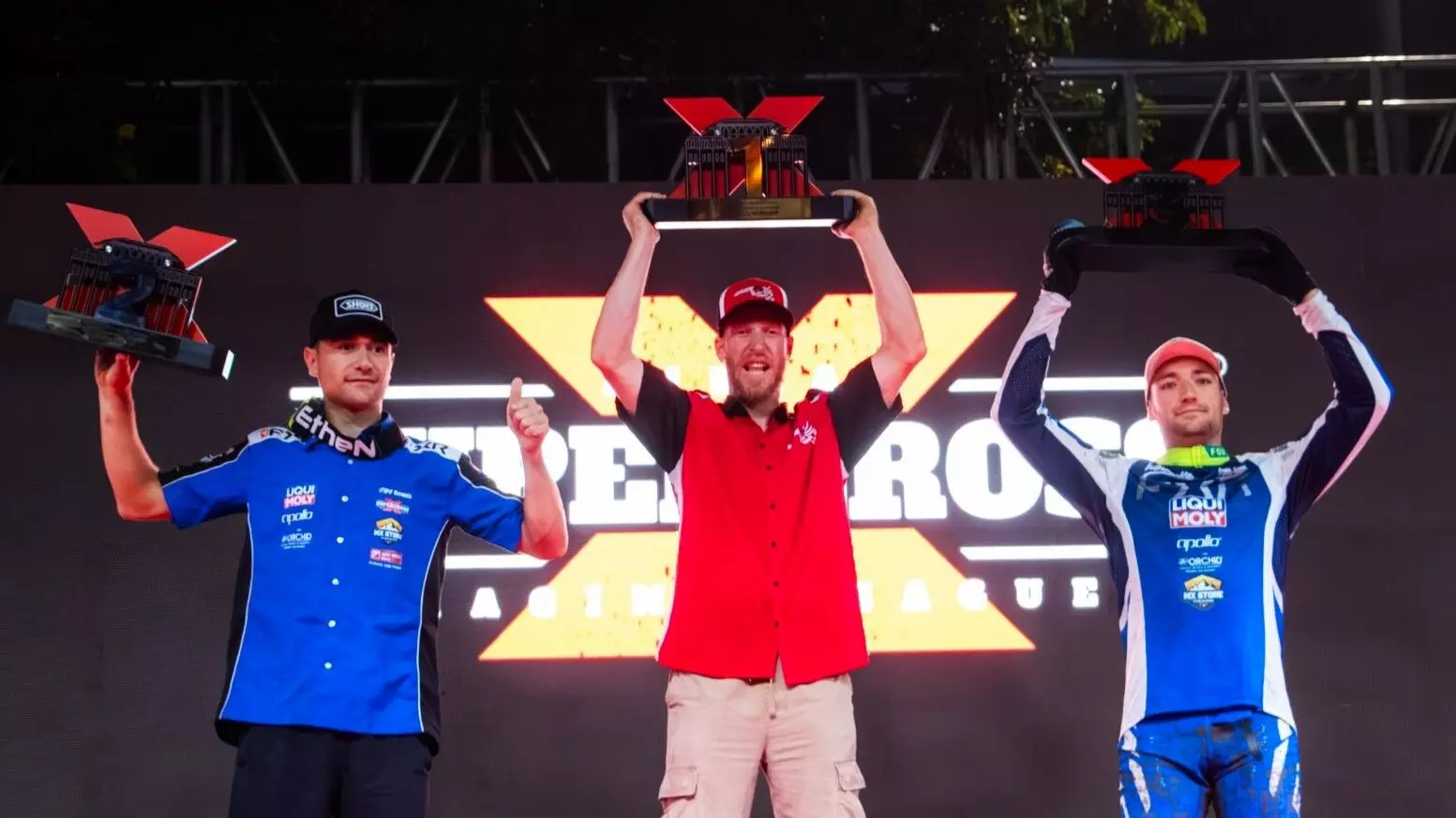 Hunter Schlosser (P1, centre) for BB Racing and Indewheelers Motorsports’ Calvin Fonvieille (P2, left)  along with Mickael Lamarque (P3, right) Hunter Schlosser (P1, centre) for BB Racing and Indewheelers Motorsports’ Calvin Fonvieille (P2, left)  along with Mickael Lamarque (P3, right)