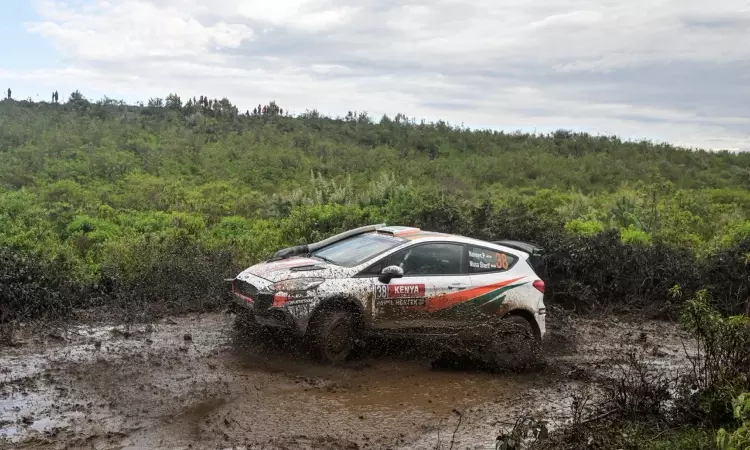 Naveen Puligilla and Musa Sherif on podium at 2026 Safari Rally Kenya